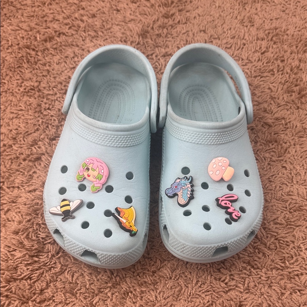 CROCS Kids Girls Sky Blue Clogs with Playful Charms Size J5